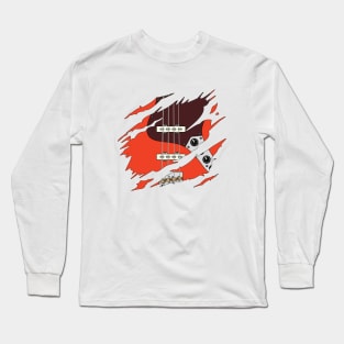 Ripped Bass Guitar J-Style Red Color Long Sleeve T-Shirt